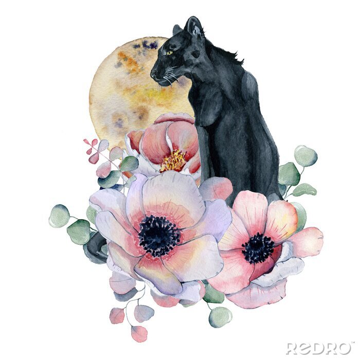 Sticker Aquarellzusammensetzung mit schwarzen wiled Panther- und Blumenpfingstrosen, Anemone in einer Form des Mondes