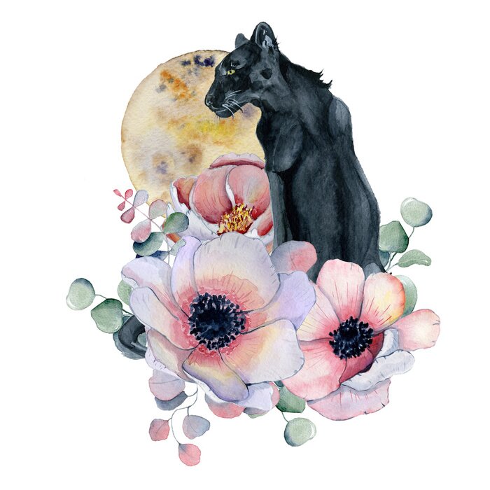 Sticker Aquarellzusammensetzung mit schwarzen wiled Panther- und Blumenpfingstrosen, Anemone in einer Form des Mondes