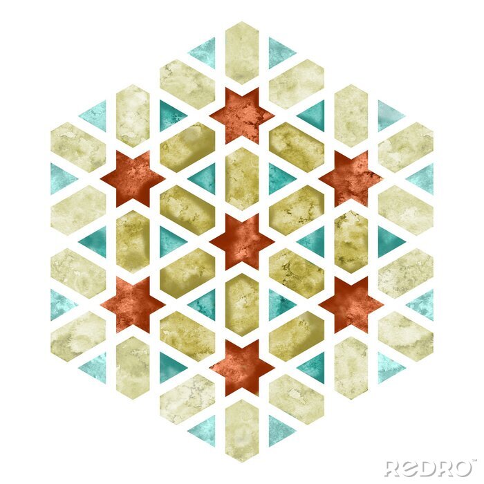 Sticker Arabesque watercolour tile element. Hexagonal geometry emblem or sign with pale edge for cloth and bag design