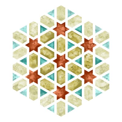 Sticker Arabesque watercolour tile element. Hexagonal geometry emblem or sign with pale edge for cloth and bag design