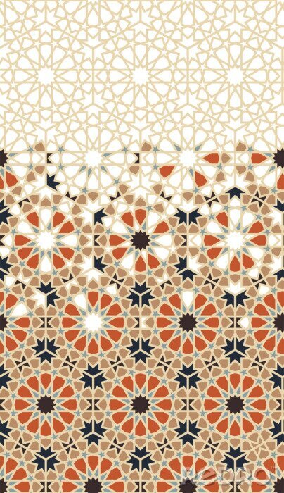 Sticker Arabic pattern. Arabesque repeating vector border. Geometric halftone texture with color tile disintegration or breaking