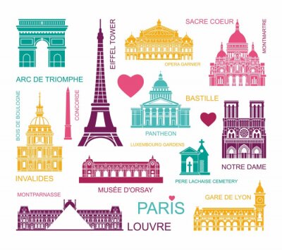 Sticker Architectural and historical sights of Paris. Set of color high quality icons