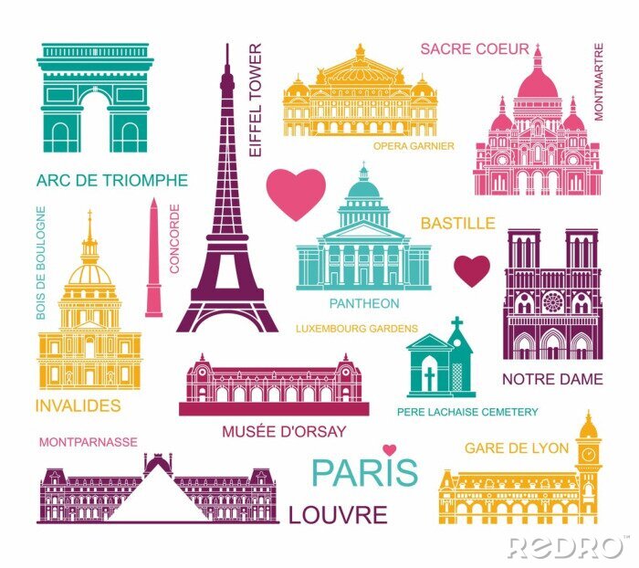 Sticker Architectural and historical sights of Paris. Set of color high quality icons