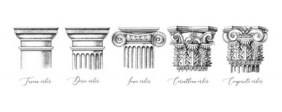 Sticker Architectural orders. 5 types of classical capitals - tuscan, doric, ionic, corinthian and composite