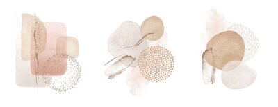 Sticker Arrangements. Blush, pink, ivory, beige watercolor Illustration and gold elements, on white background. Abstract modern print set. Logo. Wall art. Poster. Business card.