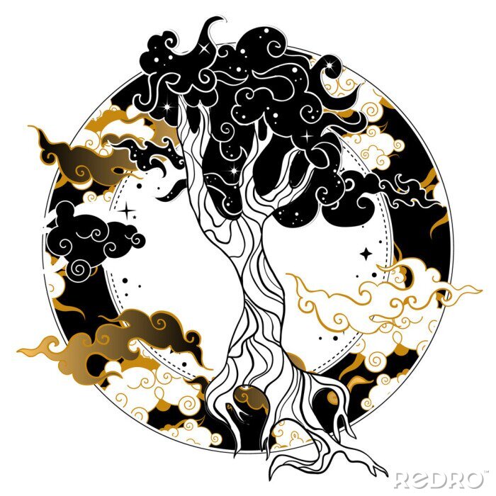 Sticker Asian style tattoo with tree. Boho, gothic, witchy vibes.
