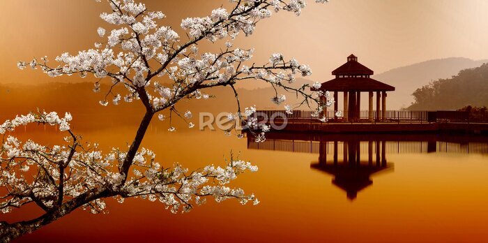 Sticker Asiatischer Tempel am Wasser