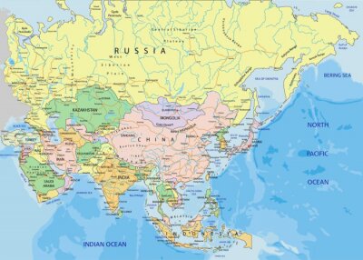 Sticker Asien - sehr detaillierte editierbare politische Karte.
