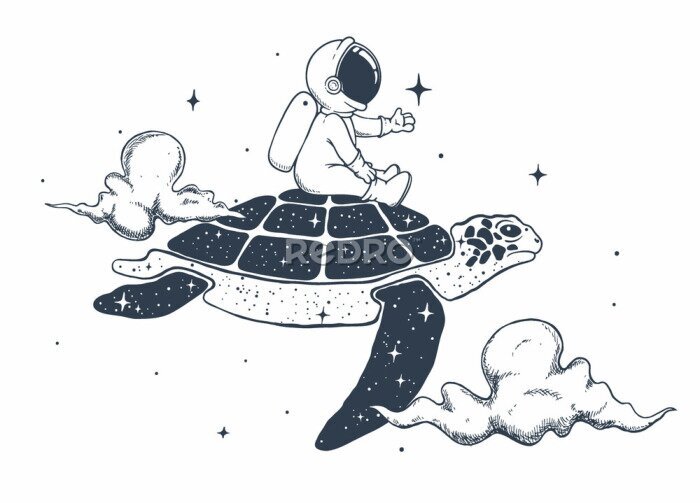 Sticker Astronaut and turtle in the clouds