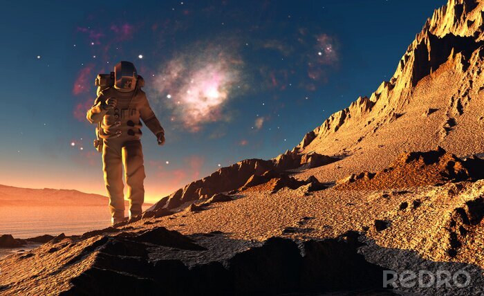 Sticker Astronaut auf einem Fantasy-Planeten