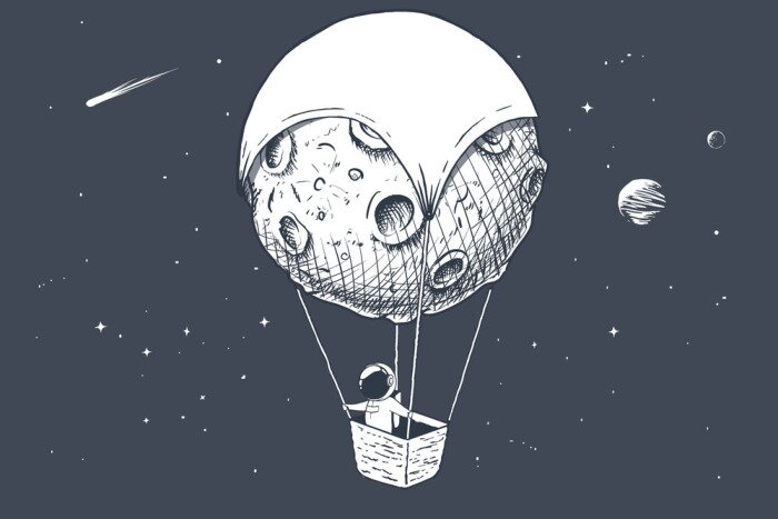 Sticker Astronaut fliegt einen Ballon in Form eines Planeten