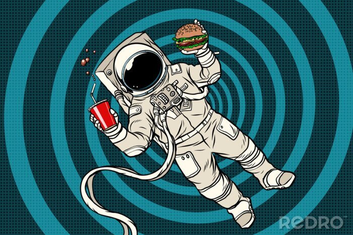 Sticker Astronaut im Raumanzug beim Essen eines Burgers