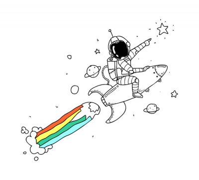 Sticker Astronaut im Weltraum auf einer Rakete