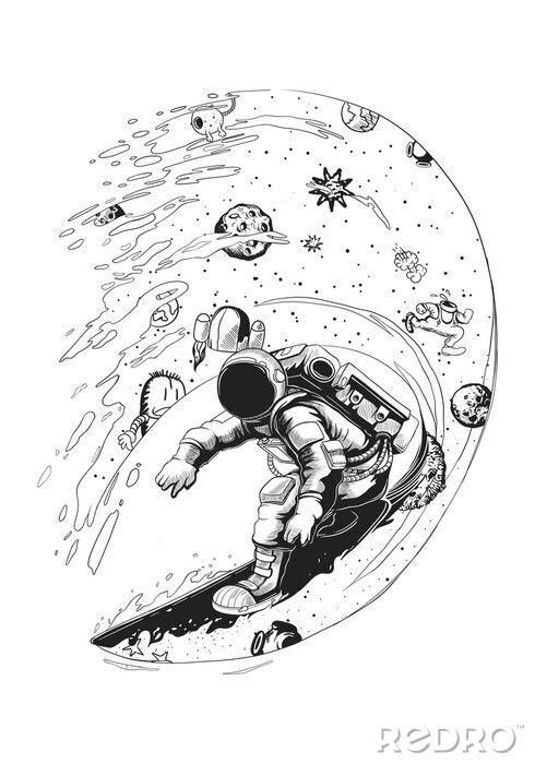 Sticker Astronaut im Weltraum beim Surfen Grafik