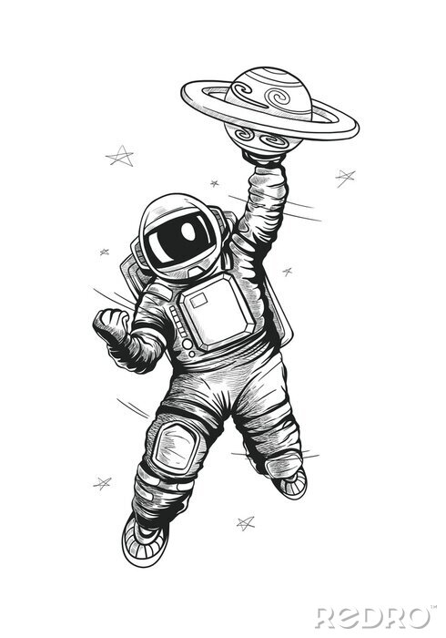 Sticker Astronaut im Weltraum, der einen Planeten hält