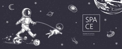 Sticker Astronaut im Weltraum mit dem Hund Gassi gehend