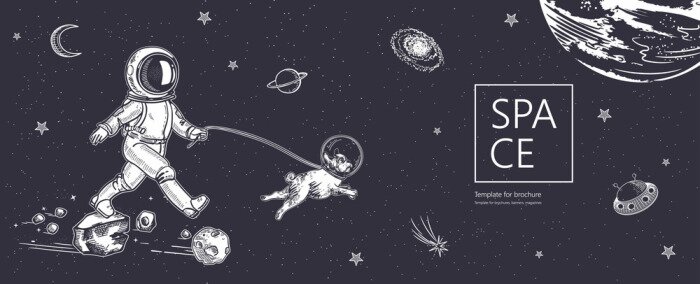 Sticker Astronaut im Weltraum mit dem Hund Gassi gehend