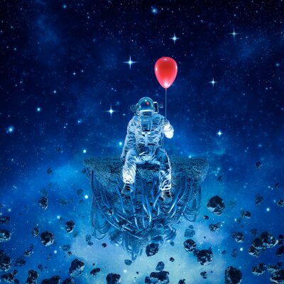 Astronaut mit rotem Luftballon in der Hand