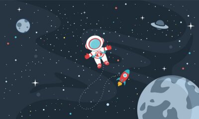 Sticker Astronaut Mond Planeten und Raumschiff
