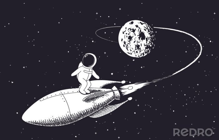 Sticker Astronaut verlässt den Mond auf einer Rakete