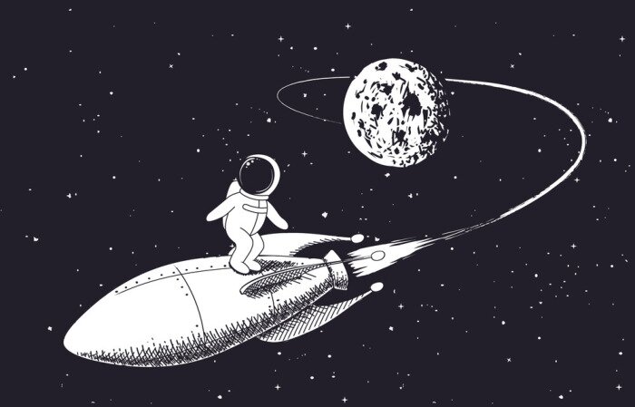 Sticker Astronaut verlässt den Mond auf einer Rakete