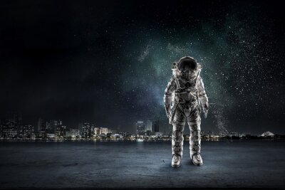 Sticker Astronaut vor dem Hintergrund der Weltraumstadt