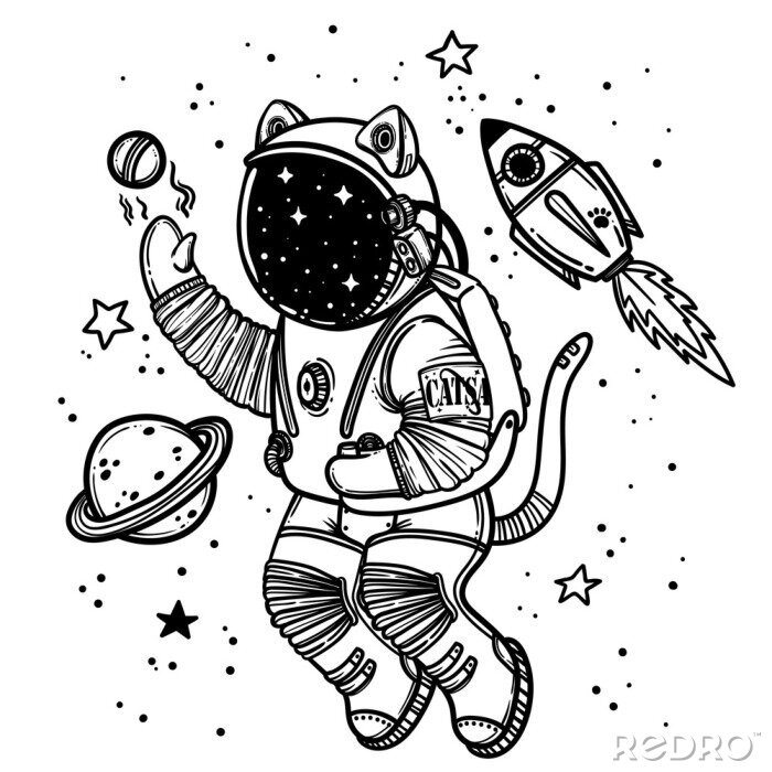 Sticker Astronautenkatze spielt mit Planeten