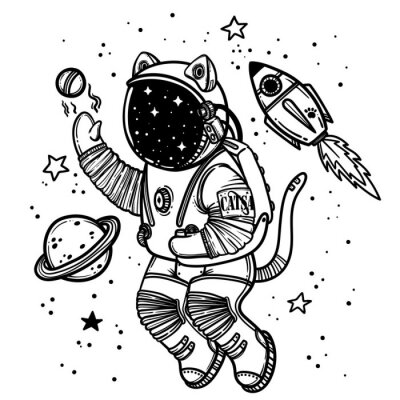 Sticker Astronautenkatze spielt mit Planeten