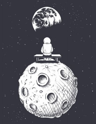 Auf dem Mond sitzender Kosmonaut und die Erde