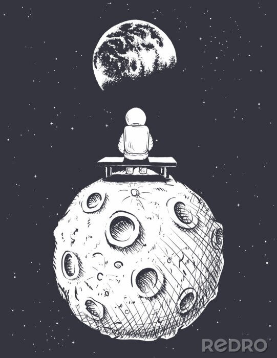 Sticker Auf dem Mond sitzender Kosmonaut und die Erde
