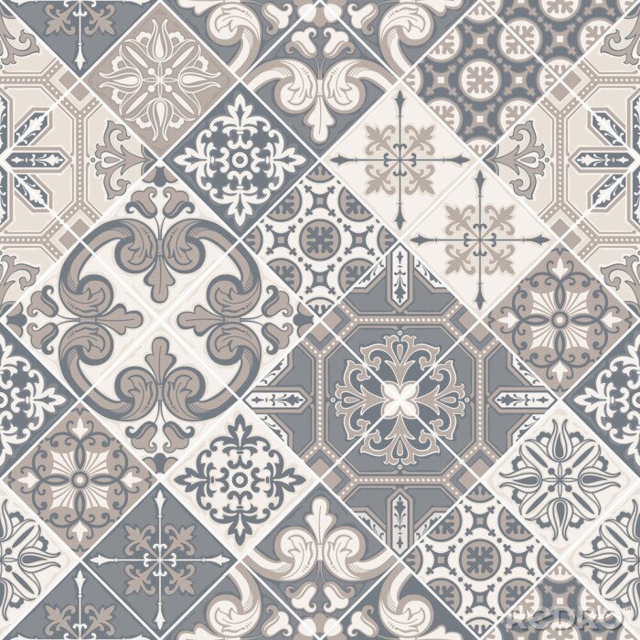 Sticker Azulejo tile seamless pattern. Traditional Portuguese ornament in patchwork style.