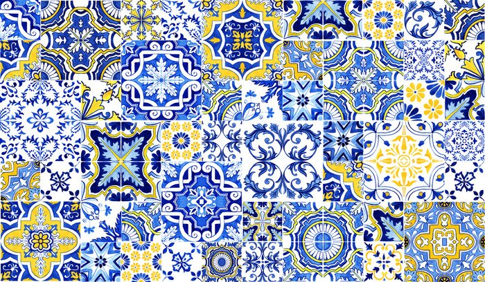 Sticker Azulejos tile wallpaper. Traditional Portuguese Mosaic, horizontal tile desoration. Watercolor artwork, blue and yellow tiles. Antique ceramics tileable, heritage. Old painted panel, floral pattern