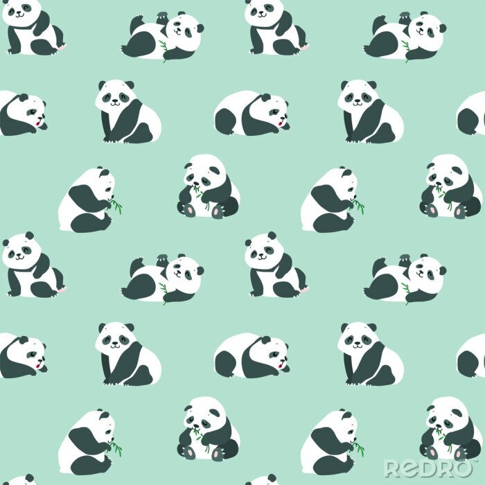Sticker Babypandas mit Bambusblättern auf grünem Hintergrund