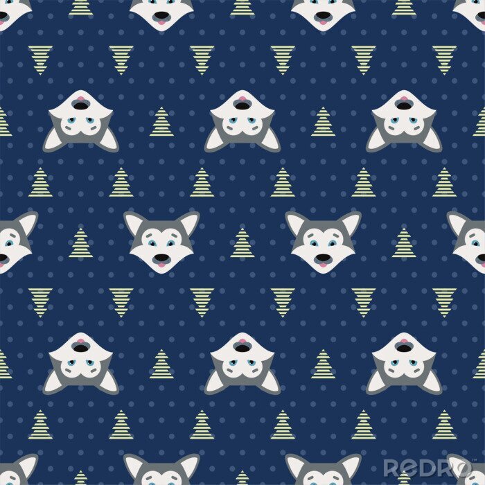 Sticker Babywölfe und Weihnachtsbäume auf marineblauem Hintergrund