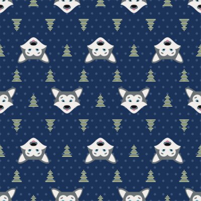 Tapete Babywölfe und Weihnachtsbäume auf marineblauem Hintergrund