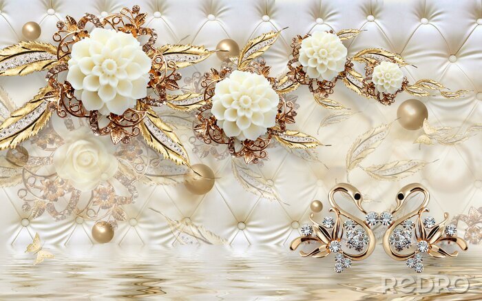 Sticker background with pearls gold wall floral dessign