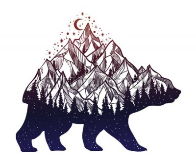 Sticker Bären- und Nachtwaldberglandschaft, Doppelbelichtung, Tätowierungskunst der wild lebenden Tiere, Fantasiestil. Vektor lokalisierte Illustration.
