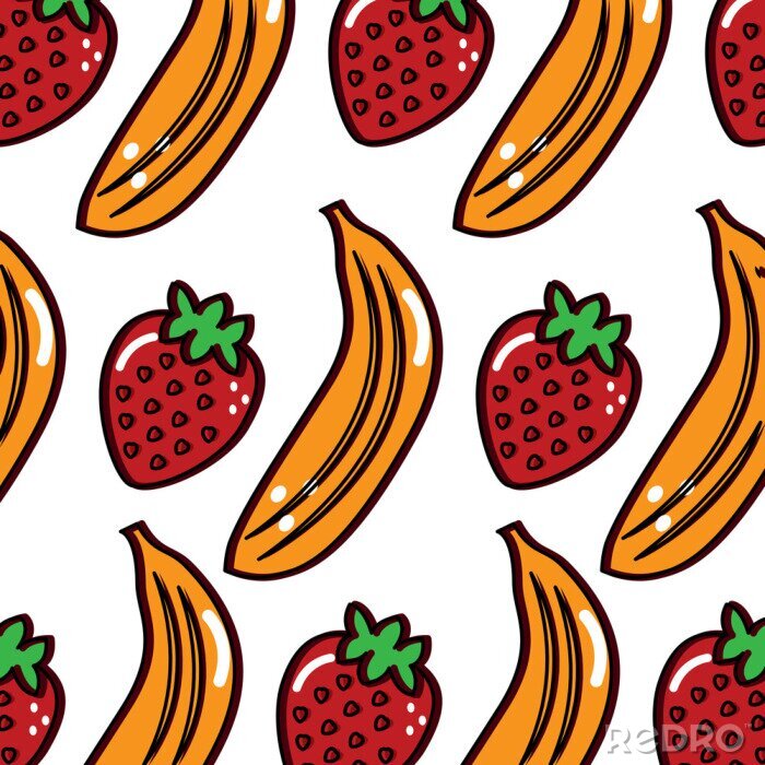 Sticker Bananen und Erdbeeren im Cartoon-Stil