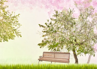 Sticker Bank unter Apfelbaum mit Blumen