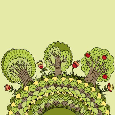 Sticker Banner mit Bäumen, Blumen und Platz für Ihren Text