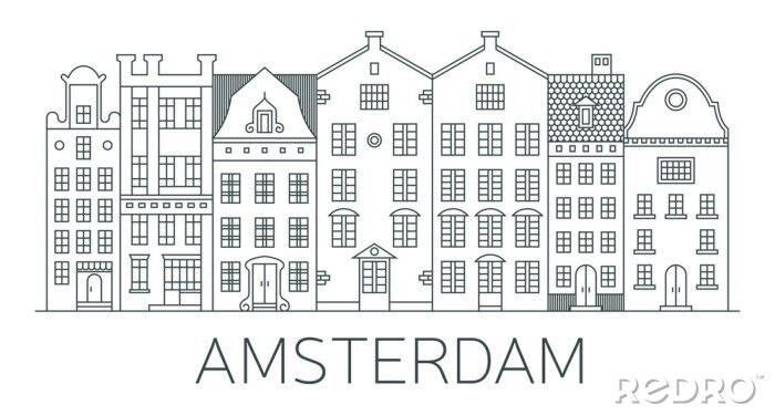 Sticker Banner of Amsterdam city in flat line style. 
