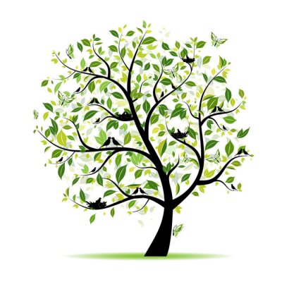 Sticker Baum frühling grün mit Vögeln für Ihren Entwurf