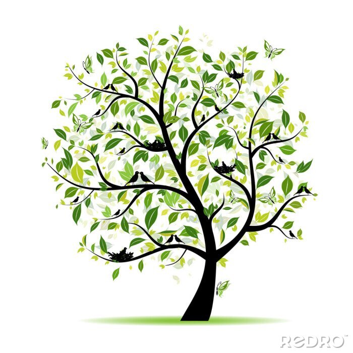 Sticker Baum frühling grün mit Vögeln für Ihren Entwurf