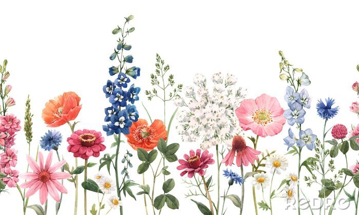 Sticker Beautiful floral summer seamless pattern with watercolor hand drawn field wild flowers. Stock illustration.