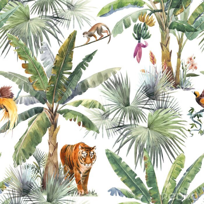 Sticker Beautiful seamless pattern with watercolor tropical palms and jungle animals tiger, giraffe, leopard. Stock illustration.