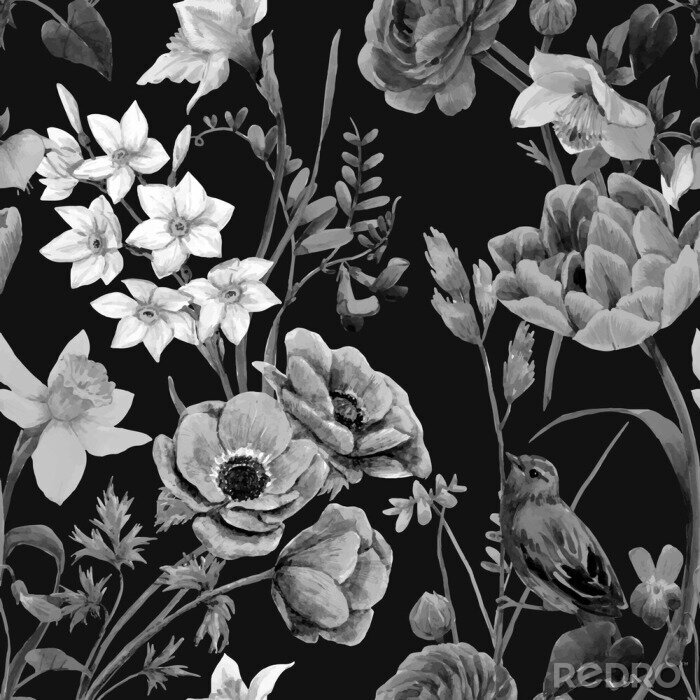 Sticker Beautiful vector floral summer seamless pattern with watercolor flowers. Black and white monochrome stock illustration.
