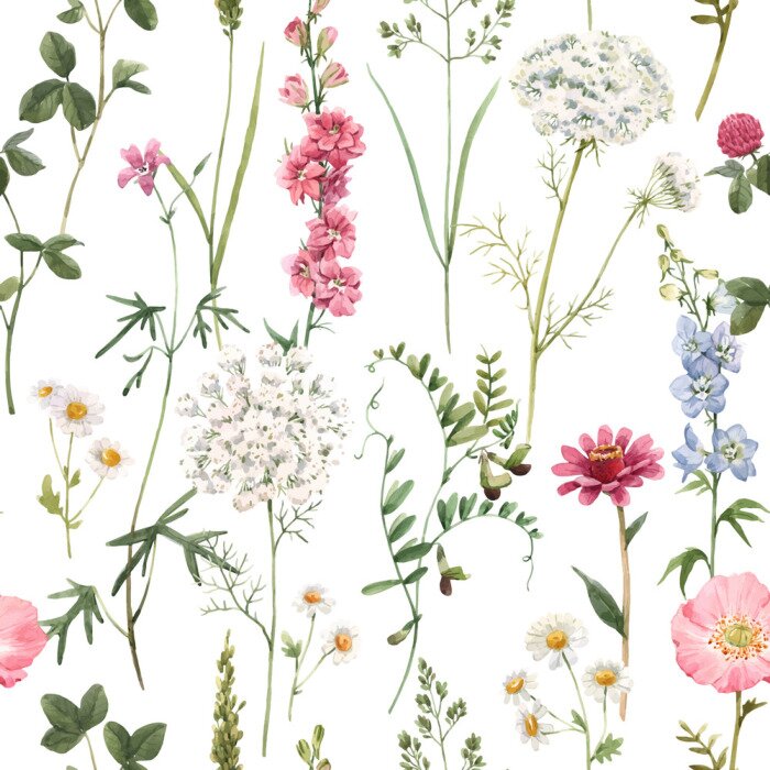 Sticker Beautiful vector floral summer seamless pattern with watercolor hand drawn field wild flowers. Stock illustration.