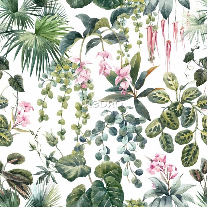 Sticker Beautiful vector seamless tropical floral pattern with hand drawn watercolor exotic jungle flowers. Stock illustration.