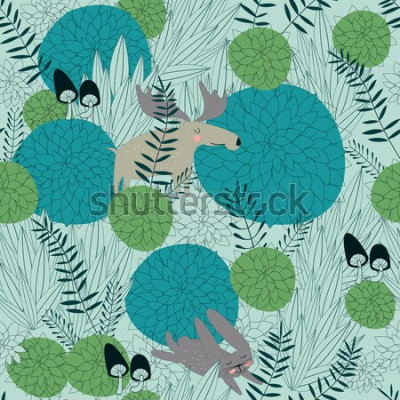 Sticker Beinhaltet Waldhintergrund mit niedlichen Waldpflanzen, Lachs, Hase und Pilzen im Cartoon-Design