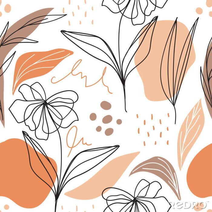 Sticker Bemalte skandinavische Blumen in Orangetönen